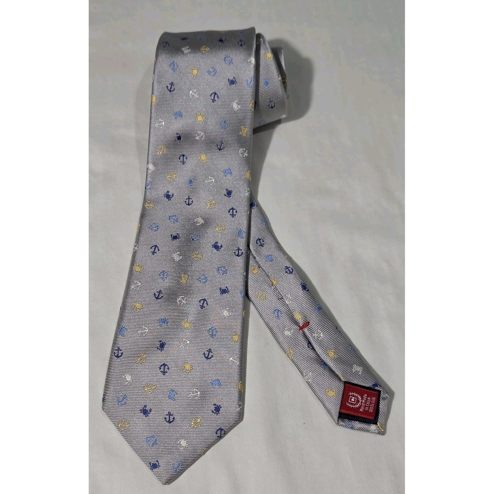 Chaps 100% Silk Nautical Neck Tie Anchor Crab Silver Blue Yellow Coastal Preppy‎